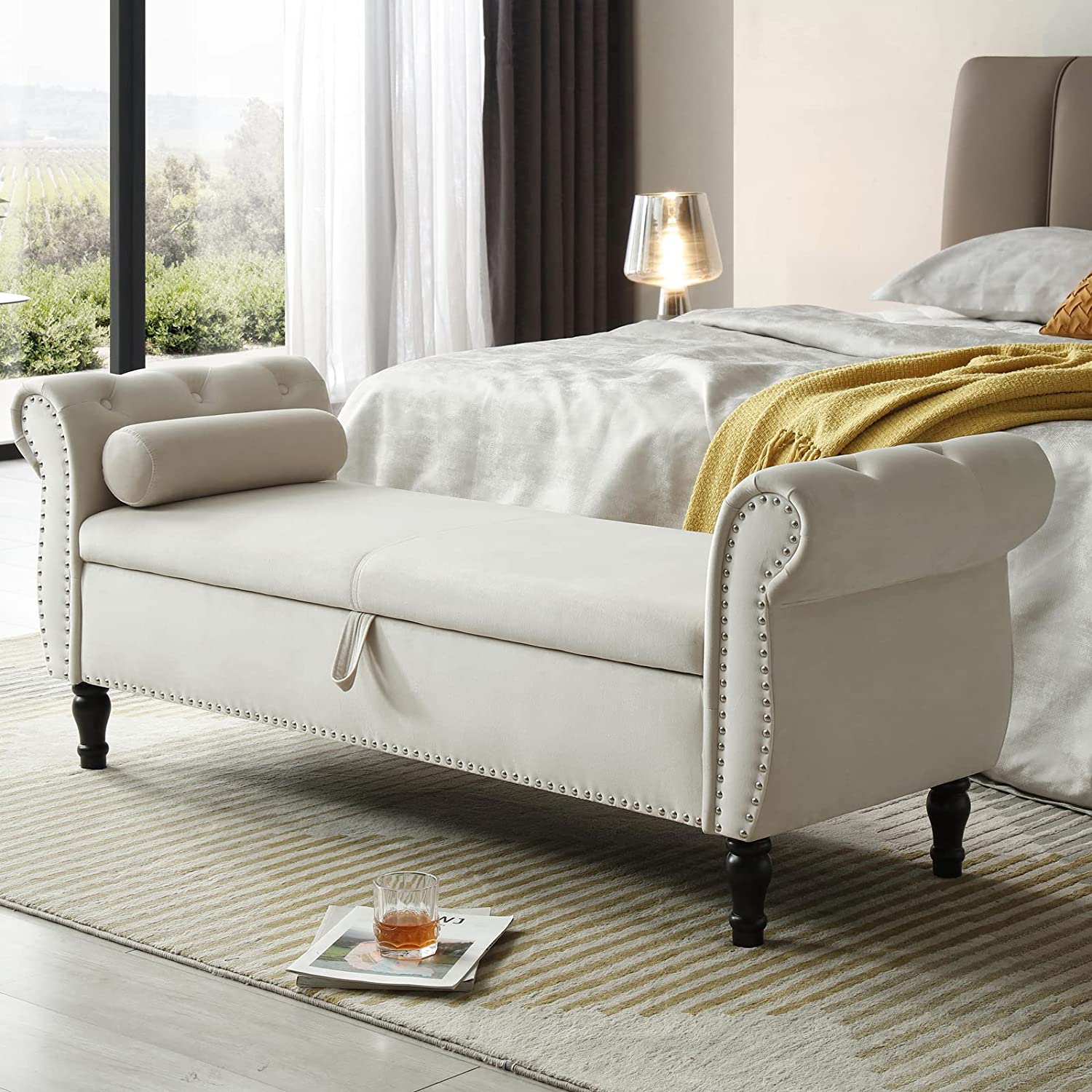 Sumdeal 43.5" Storage Ottoman Bench with 250lb Seating, Linen Upholstered Wood Legs Safety Hinge Flip Top Oval Foot Rest Long Stool for Sofa Couch Bedroom End of Bed Living Room Entryway, White - Image 90