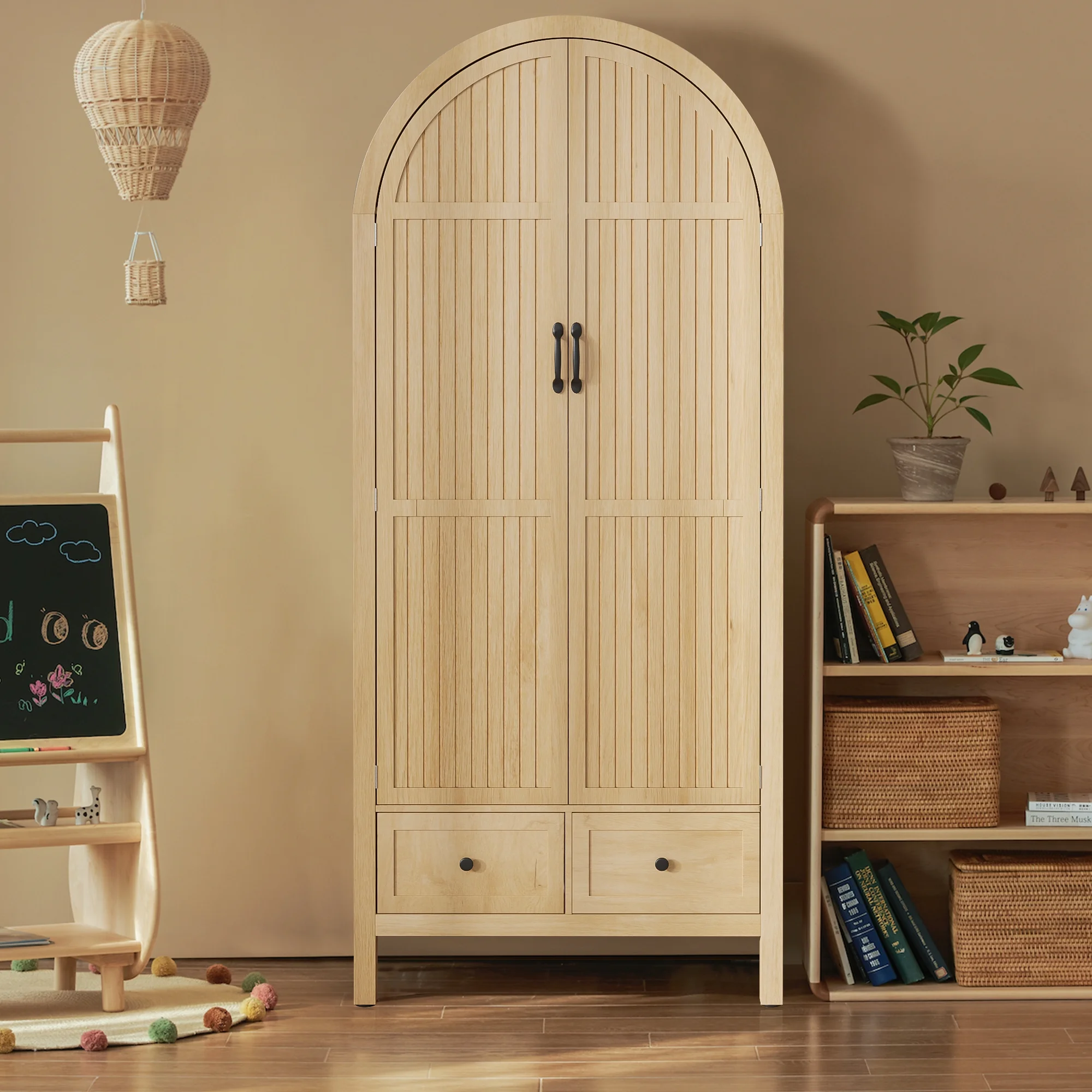 Oubayajia Arched Armoire Wardrobe Closet with Fluted Doors, Wooden Wardrobe Closet with Drawers, Shelves and Hanging Rod for Bedroom - Image 14