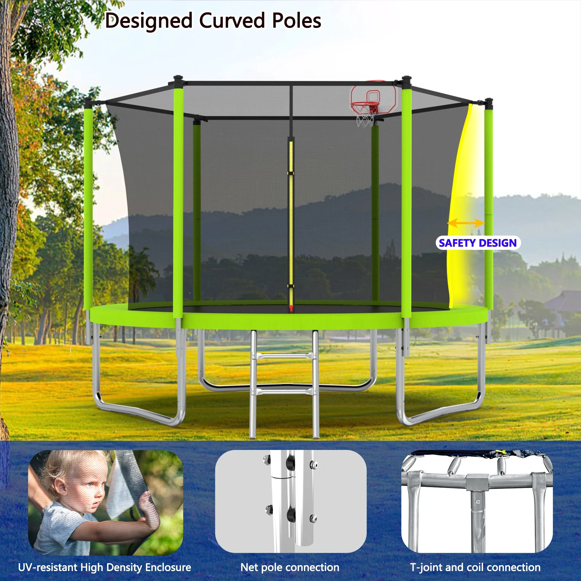 8FT Trampoline for Kids,Outdoor Trampoline with Basketball Hoop,Heavy-Duty Trampoline with Safety Enclosure Net,Blue - Image 15