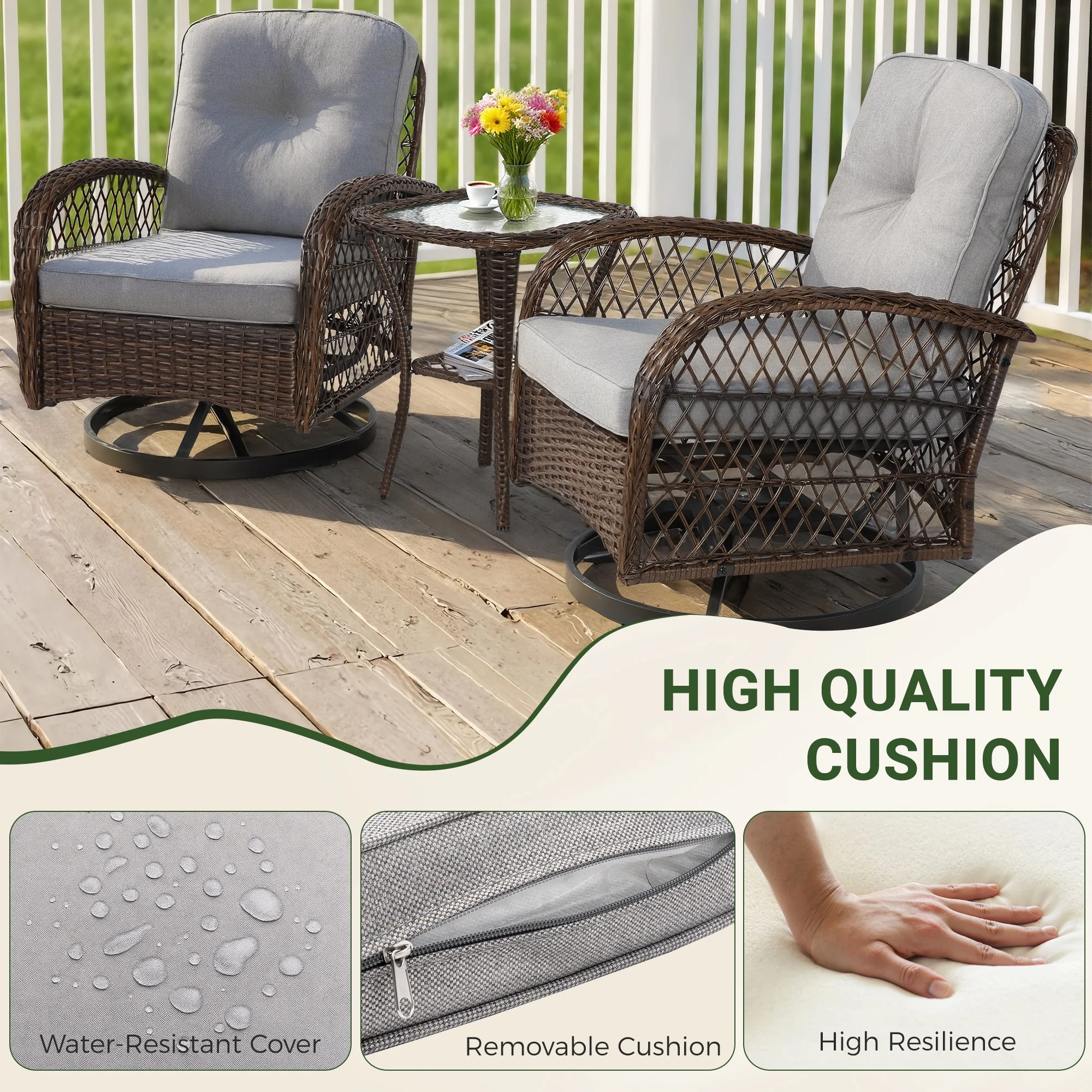 3 Piece Patio Swivel Rocker Chairs Set, 2 360-Degree Swivel Rocking Chairs with 1 Glass Top Table, PE Rattan Outdoor Bistro Set with Cushions for Balcony Deck Poolside Backyard Porch - Image 31