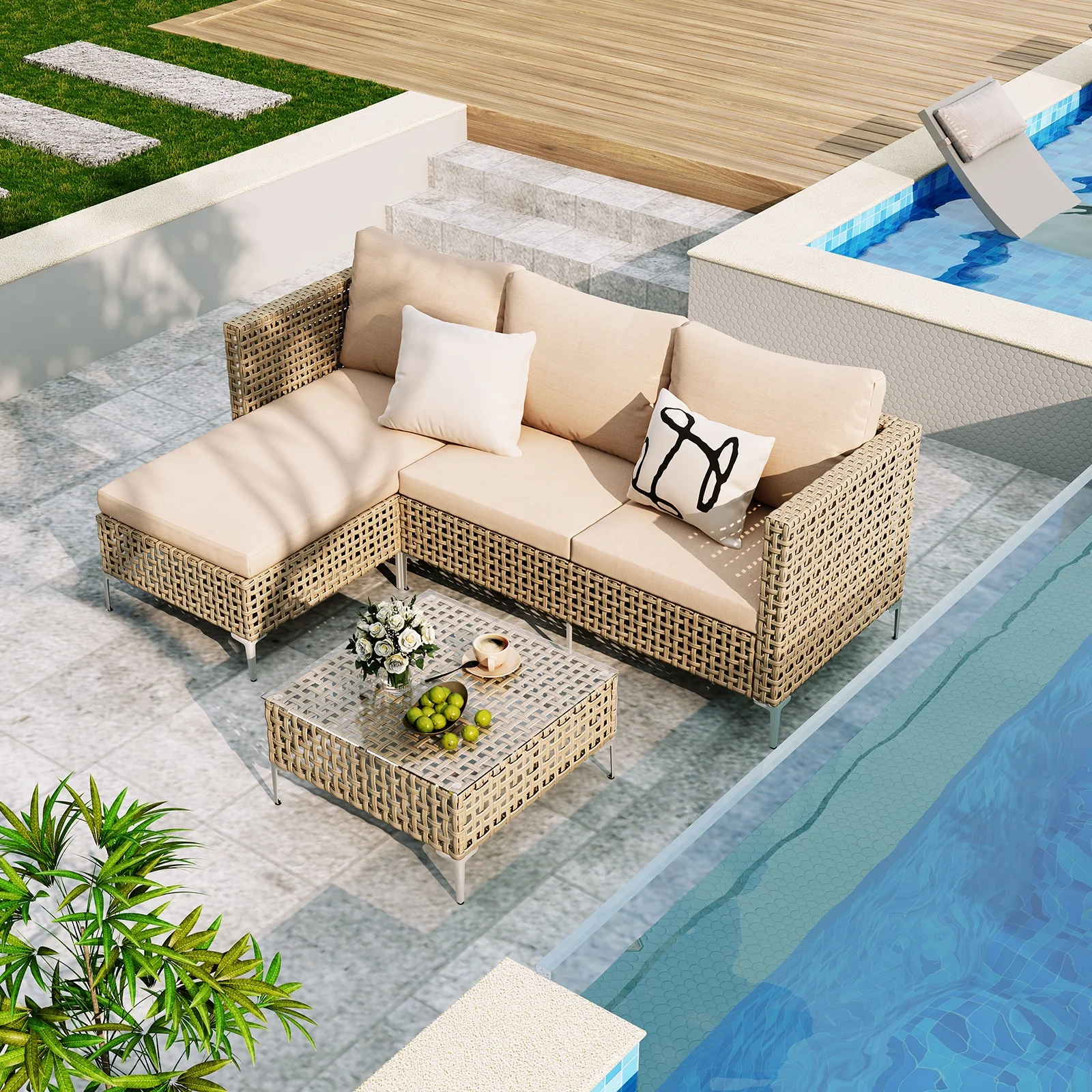 3 Piece Patio Furniture Set with Chaise Longue & Coffee Table, Outdoor Wicker Conversation Set for Patio, Porch, Backyard - All-Weather Yellow/Beige Cushions (Waterproof & Fade-Resistant) - Image 3