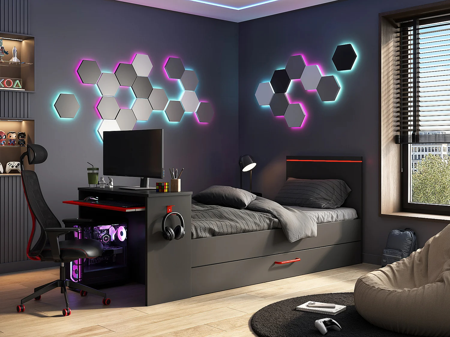 Cama nido gamer 90 x 200 et 90 x 190 cm - Con escritorio - LEDs - Antracita y rojo + colchón + Somier - VOUANI