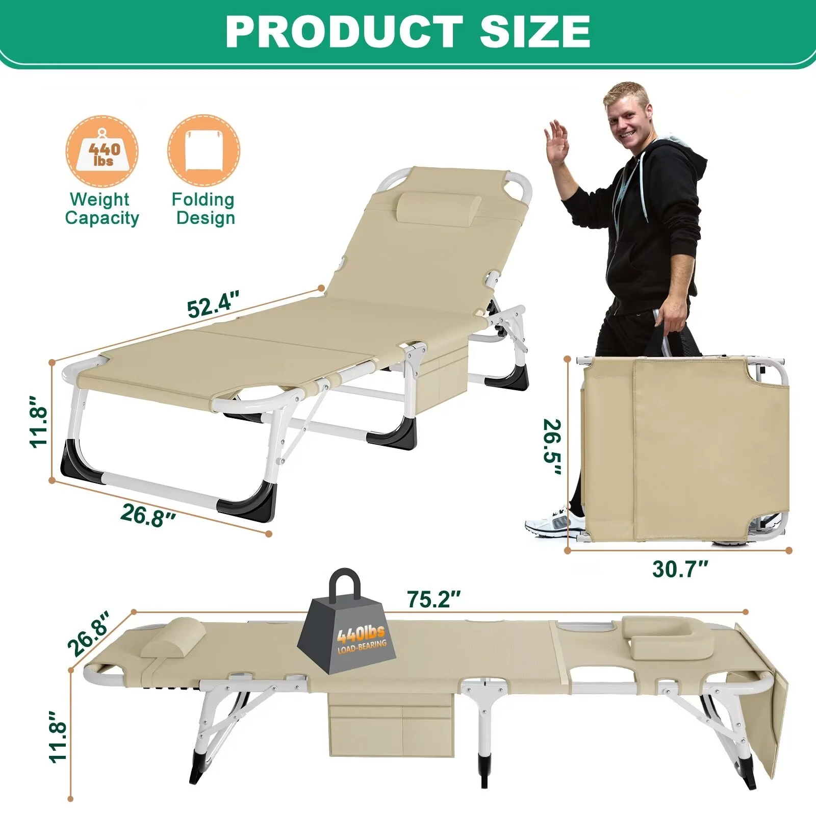 MOPHOTO Lounge Chair with Mattress, Outdoor Chaise Lounge Support 440 Lbs, Adjustable Portable Heavy Duty Sleeping Cots Bed for Camping, Pool, Beach, Patio - Image 34