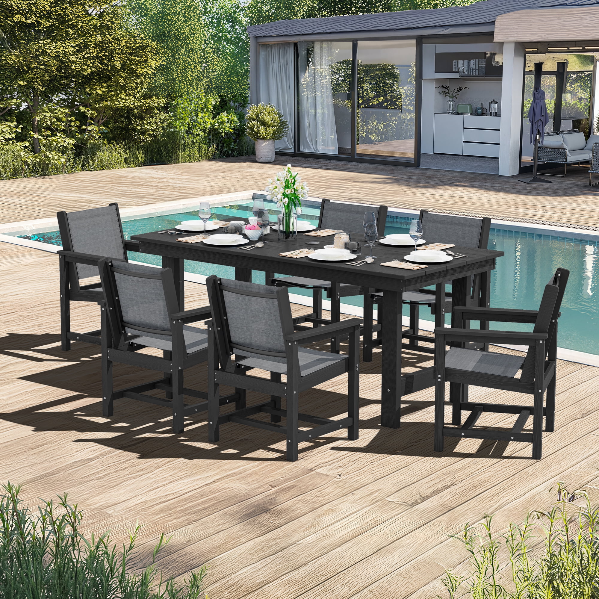SERWALL Outdoor HDPE Dining Table Set, 7-Piece Outdoor Dining Table Sets with Umbrella Hole, Grey - Image 16