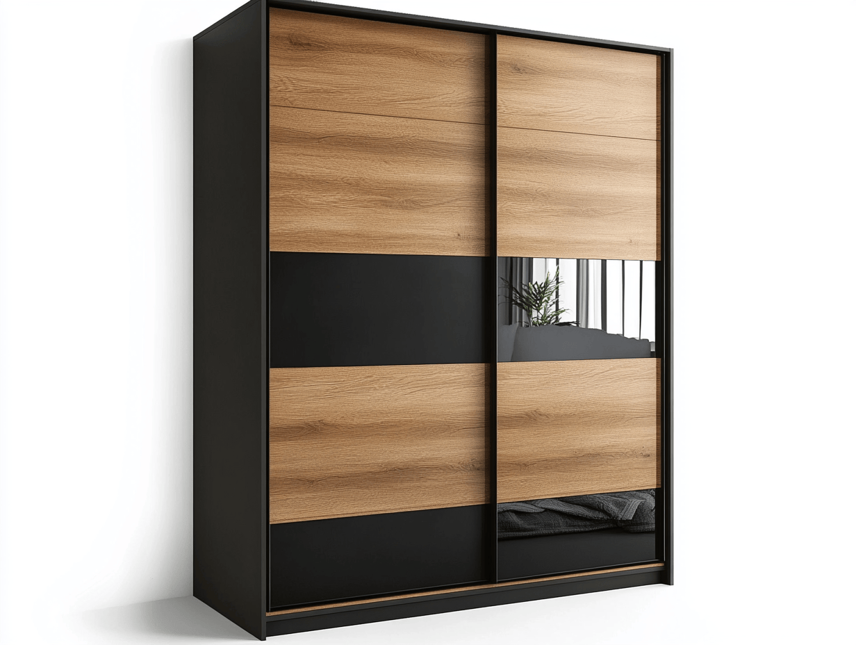 Armario con puertas corredizas en roble y negro con espejo