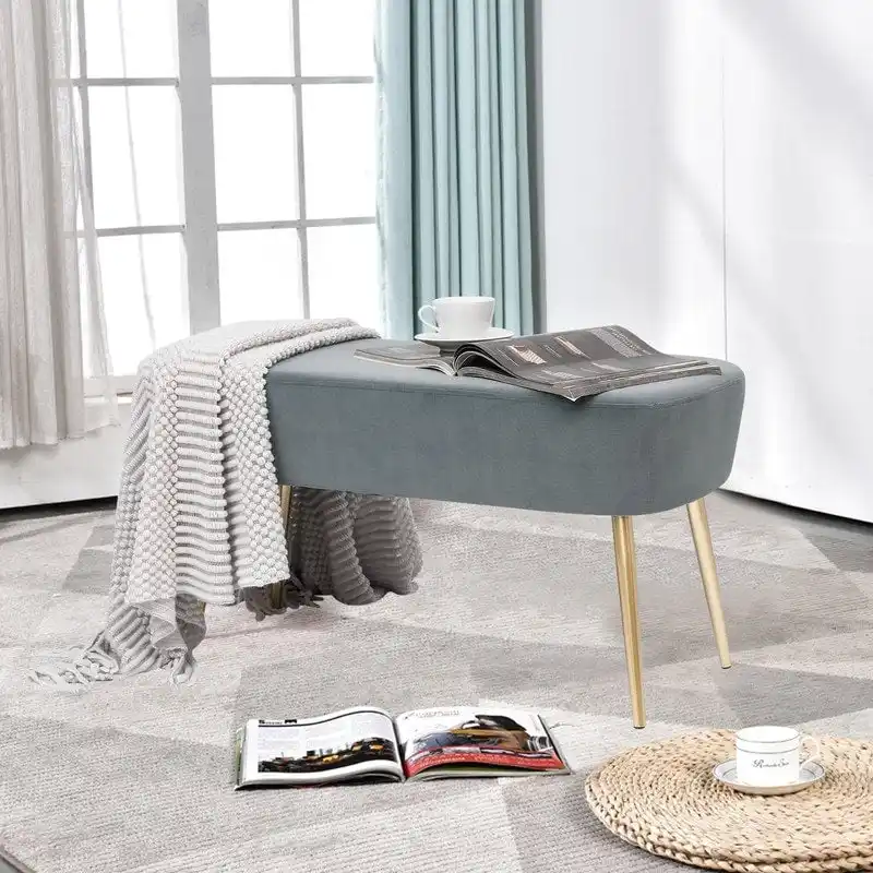 Adeco Velvet Footrest Bench with Metal Legs - Stylish Bed End Stool and Dressing Chair