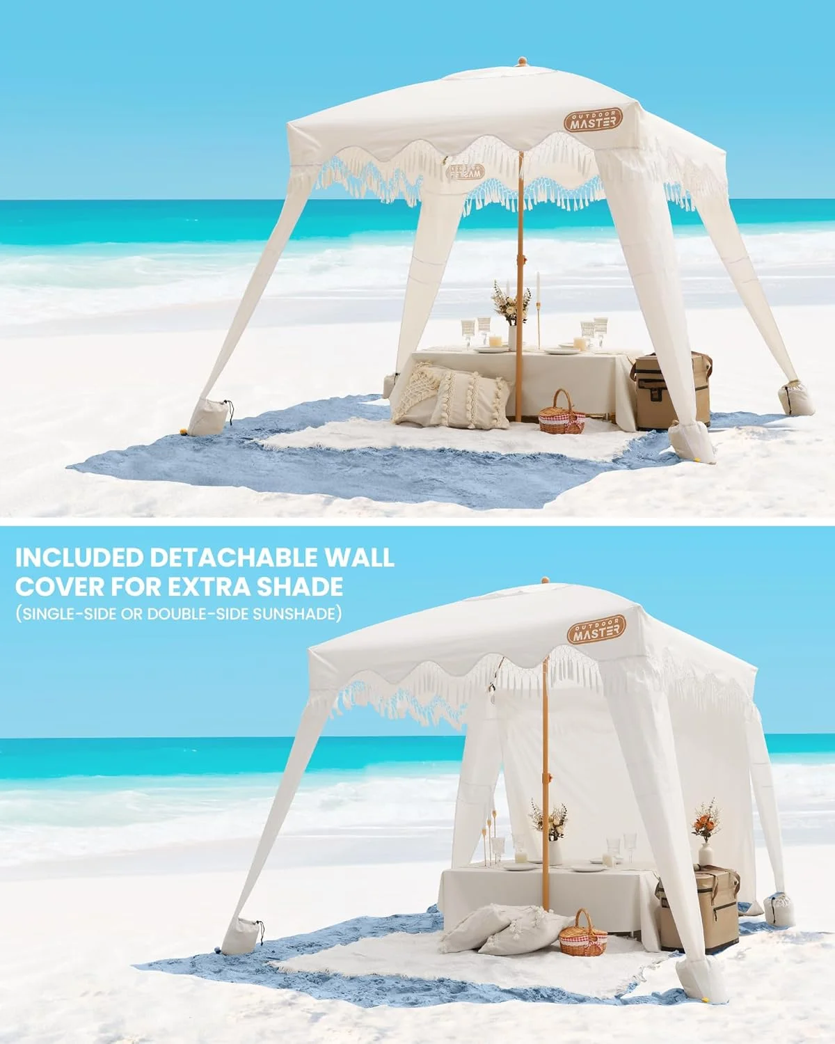 OutdoorMaster Beach Cabana with Fringe, Portable 6' x 6' Beach Canopy, Easy Set Up Beach Shelter, Included Side Wall, UPF 50+ UV Protection Sun Umbrella - for Kids, Family & Friends - Image 14