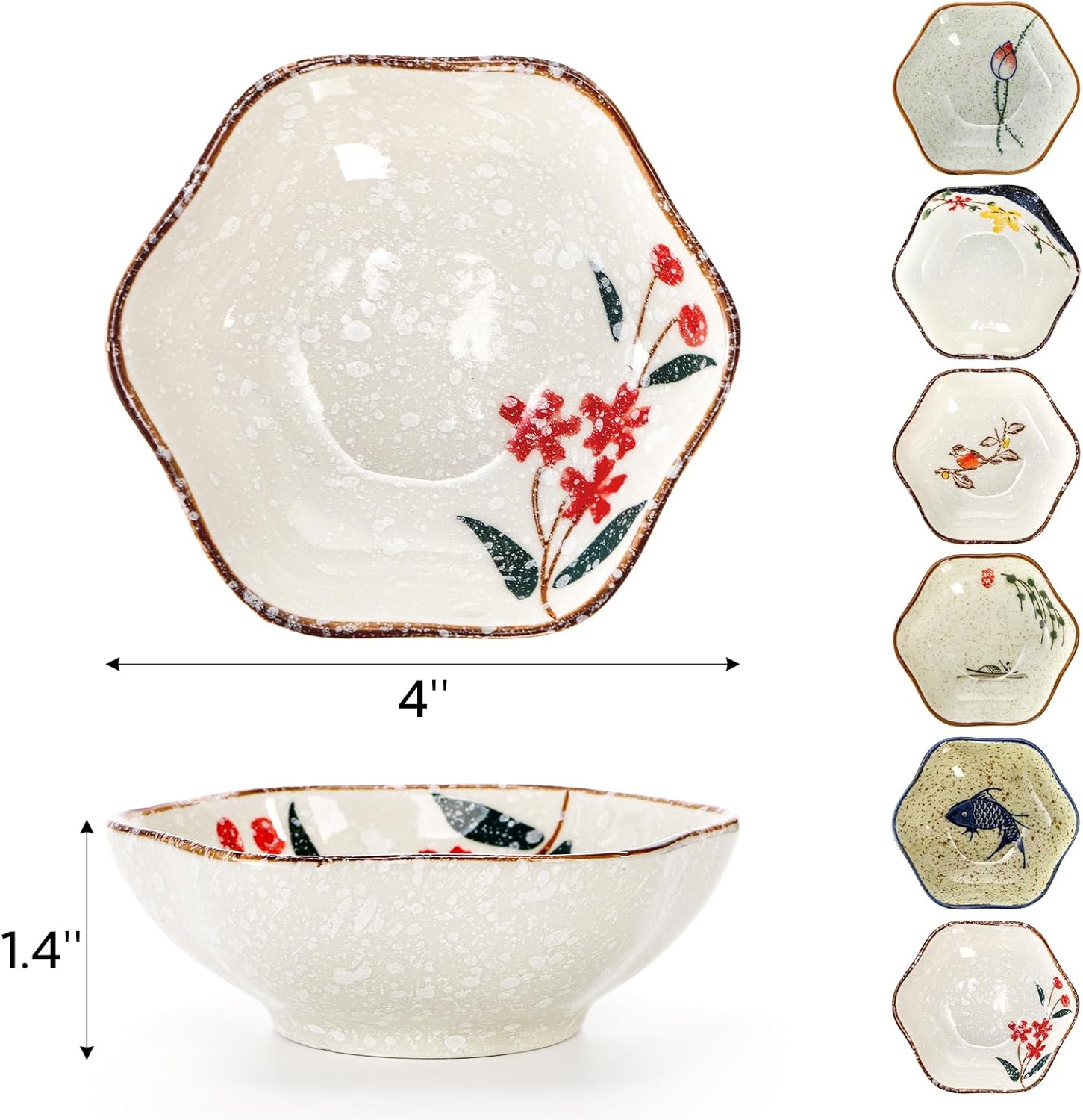 12 Pieces Japanese Sauce Dishes, 4 Oz Ceramic Side Dish Set, Small Flower-shaped Seasoning Soy Dipping Bowl Plate for Sushi, Snack, Appetizer, Kitchen Prep, 6 Patterns