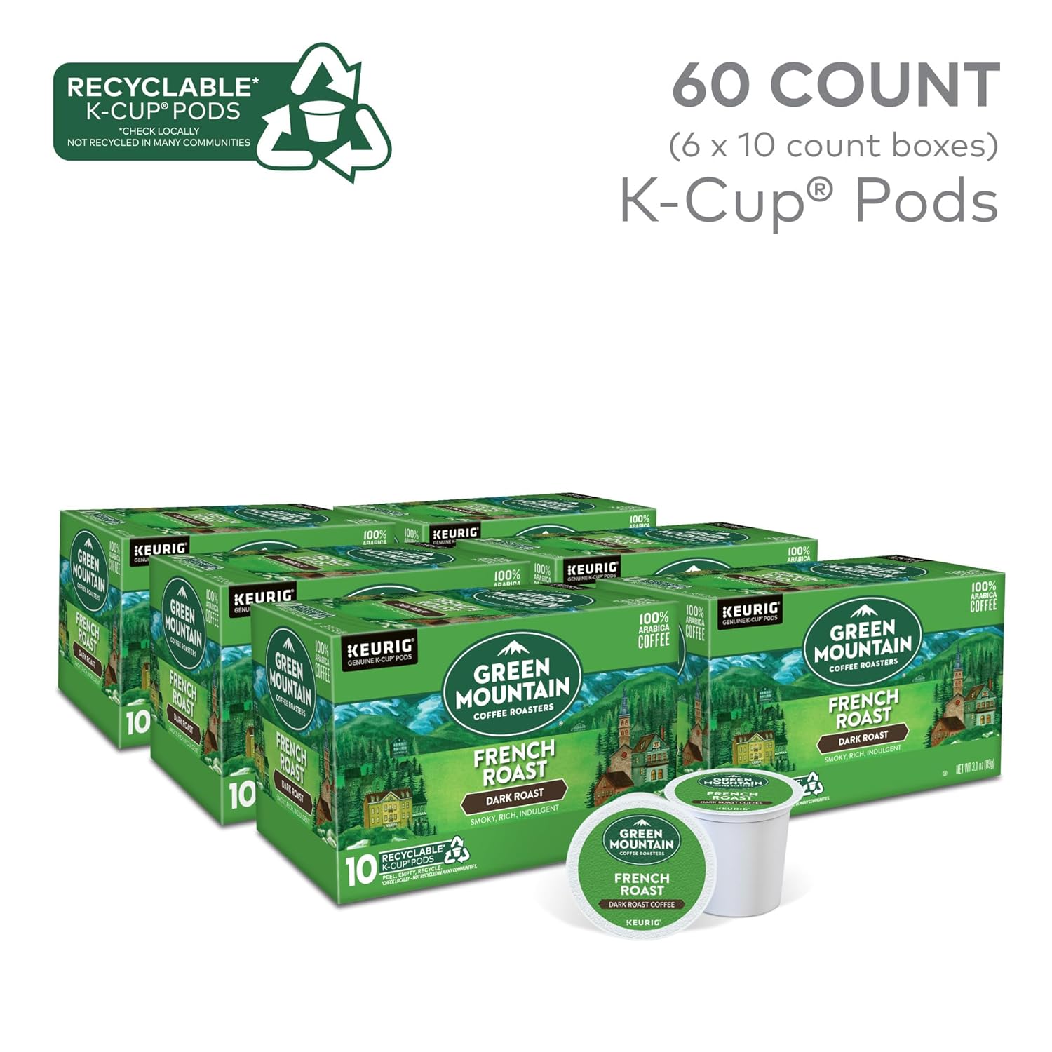 Green Mountain Coffee Roasters French Roast Keurig K-Cup Pods. Dark Roast Coffee. 60 Count (6 Packs of 10)