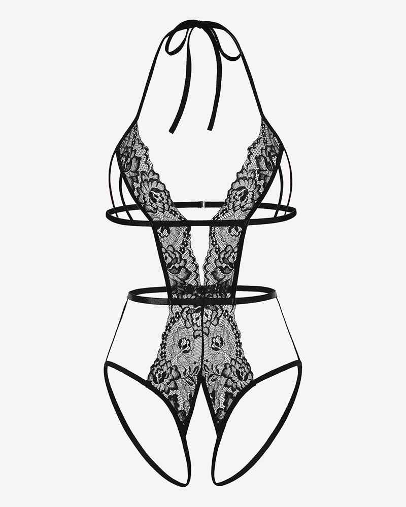Deep V Halter Lingerie Crotchless Lace Bodysuit
