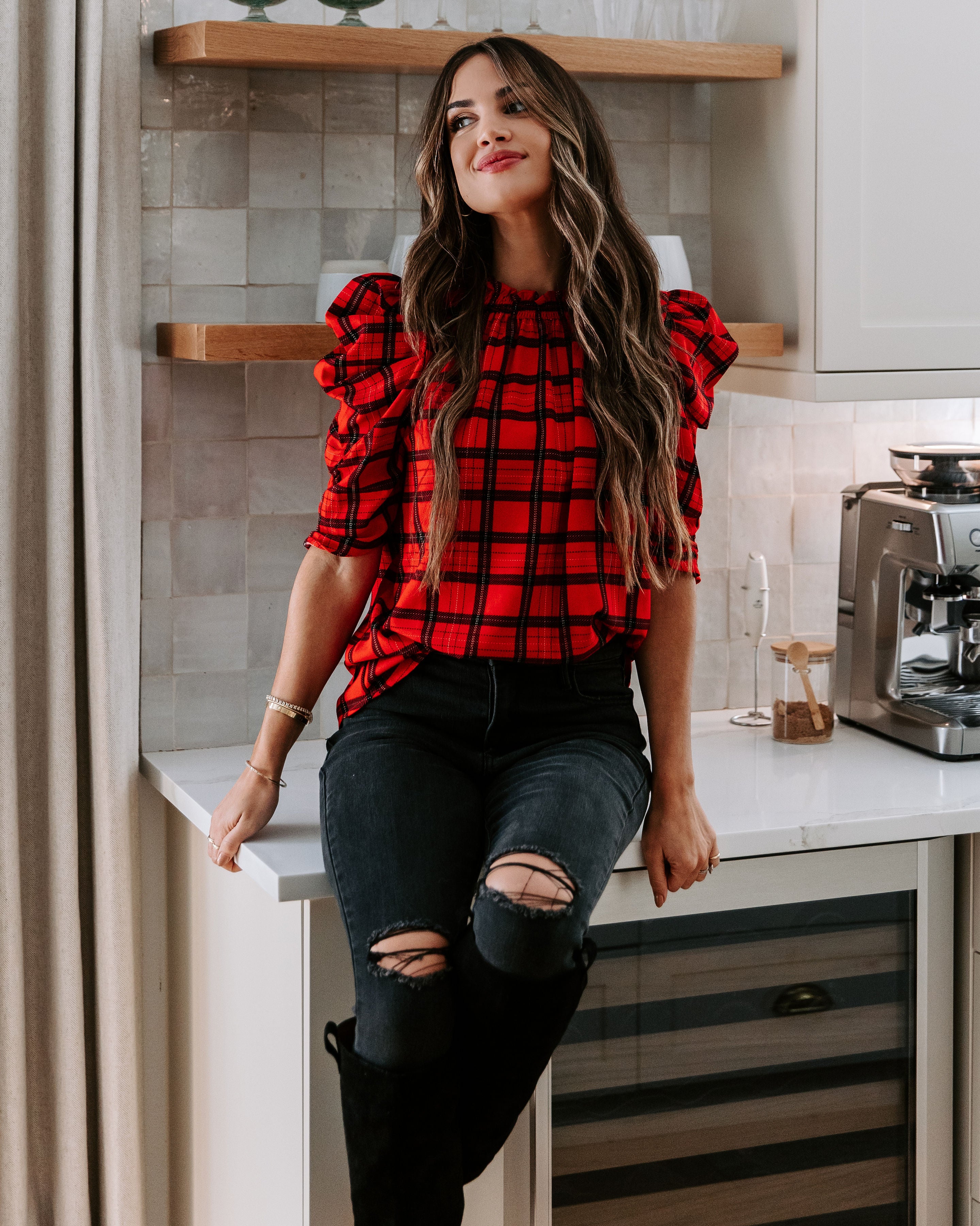 Very Pleased Plaid Puff Sleeve Top - Se7enfashion
