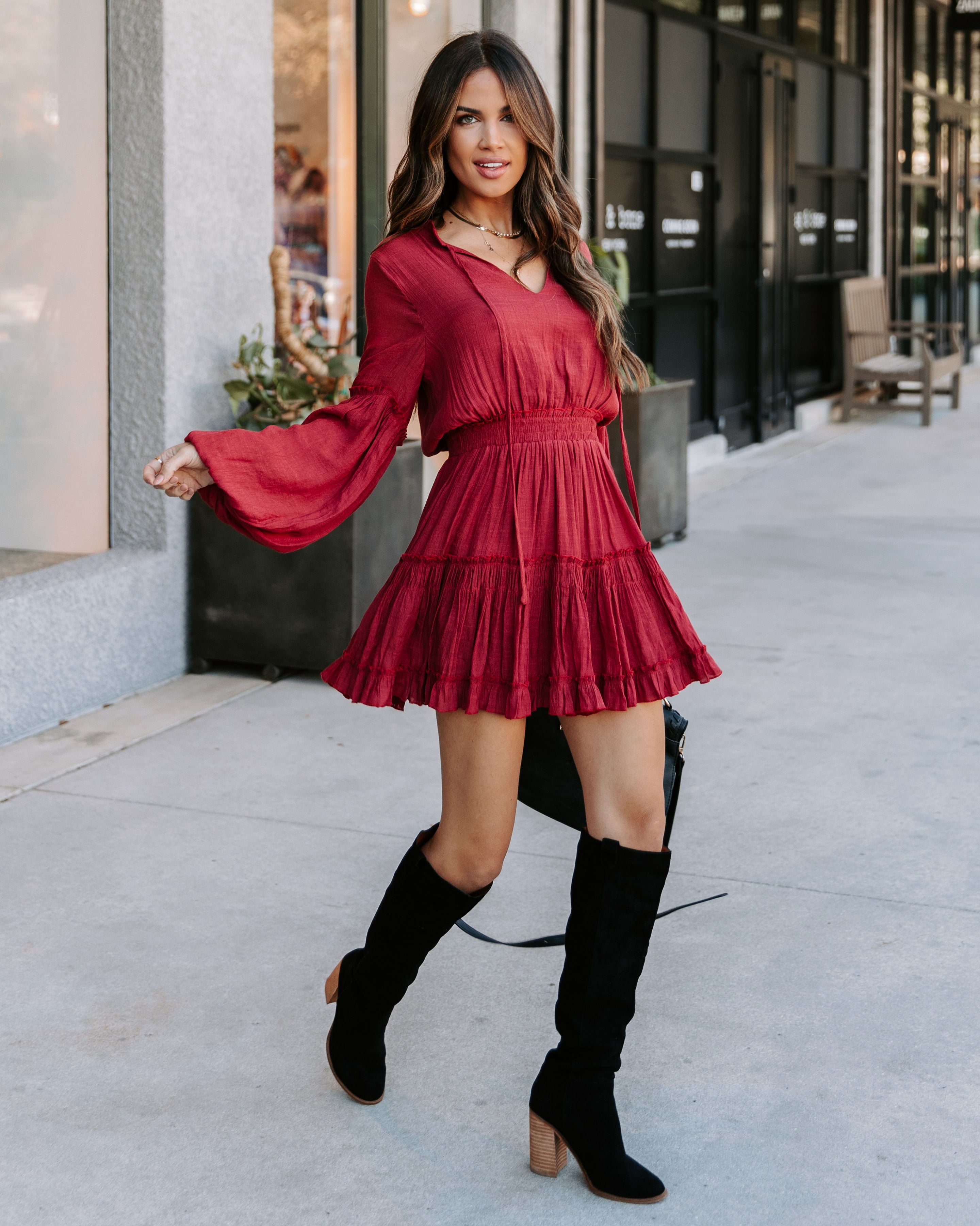 Run Free Babe Tiered Balloon Sleeve Mini Dress - Wine - Se7enfashion