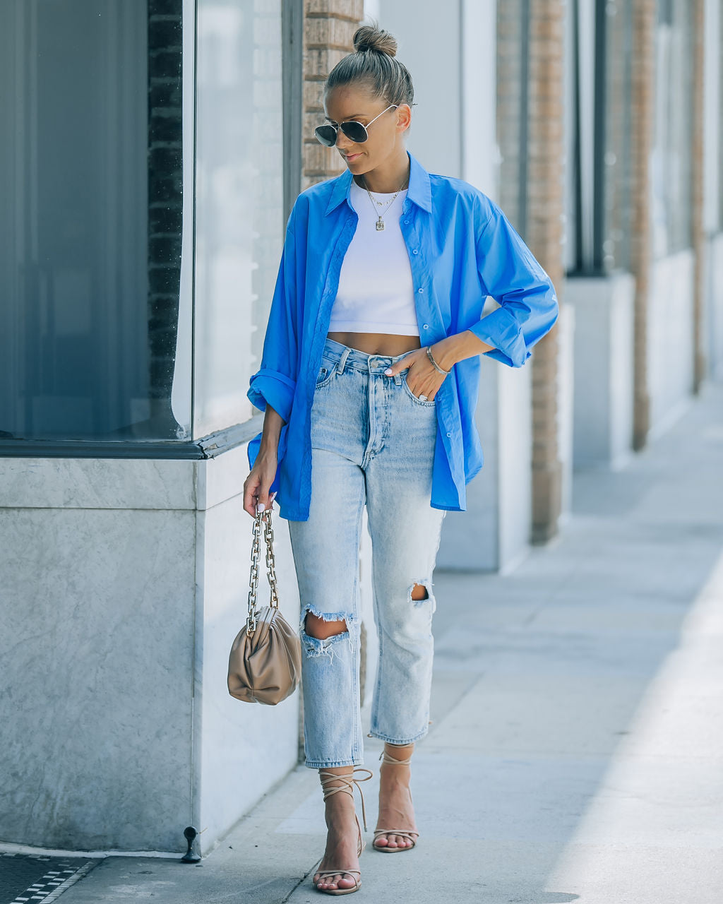 Leslie Button Up Cotton Top - Blue - FINAL SALE - Se7enfashion