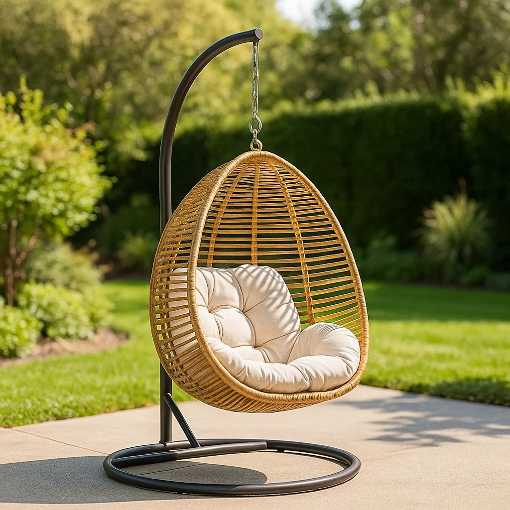 Sillón colgante en forma de gota,de ratán sintético natural con cojines beige,con soporte metálico negro,adecuado para jardín o terraza,100x95x195 cm - ui8KMA71PdGD