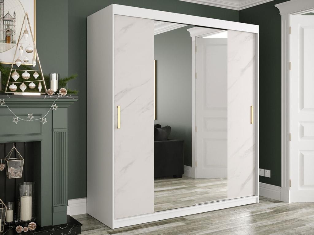 Armario Hartford 255, Mate blanco|Mármol blanco, 200x180x62cm, Número de estantes: 9.00