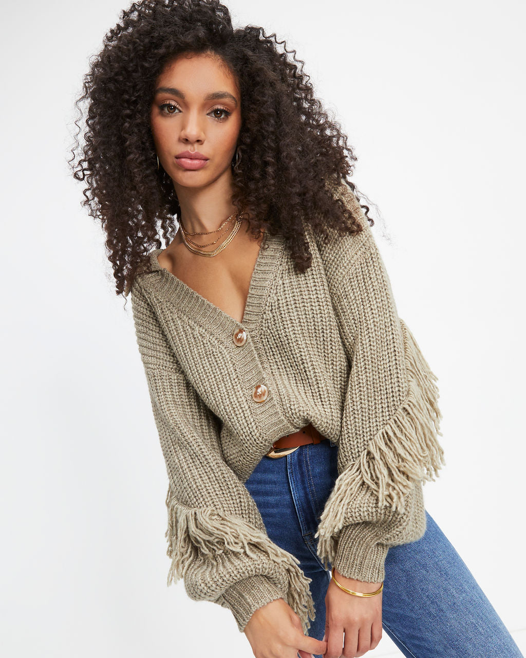Jordana Knit Fringe Collared Cardigan - Dusty Sage - Se7enfashion