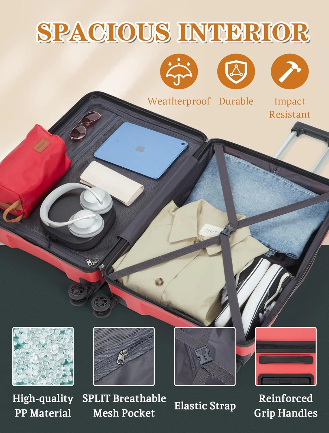 5-piece luggage set with wheels, ABS hardshell suitcase with spinner wheels