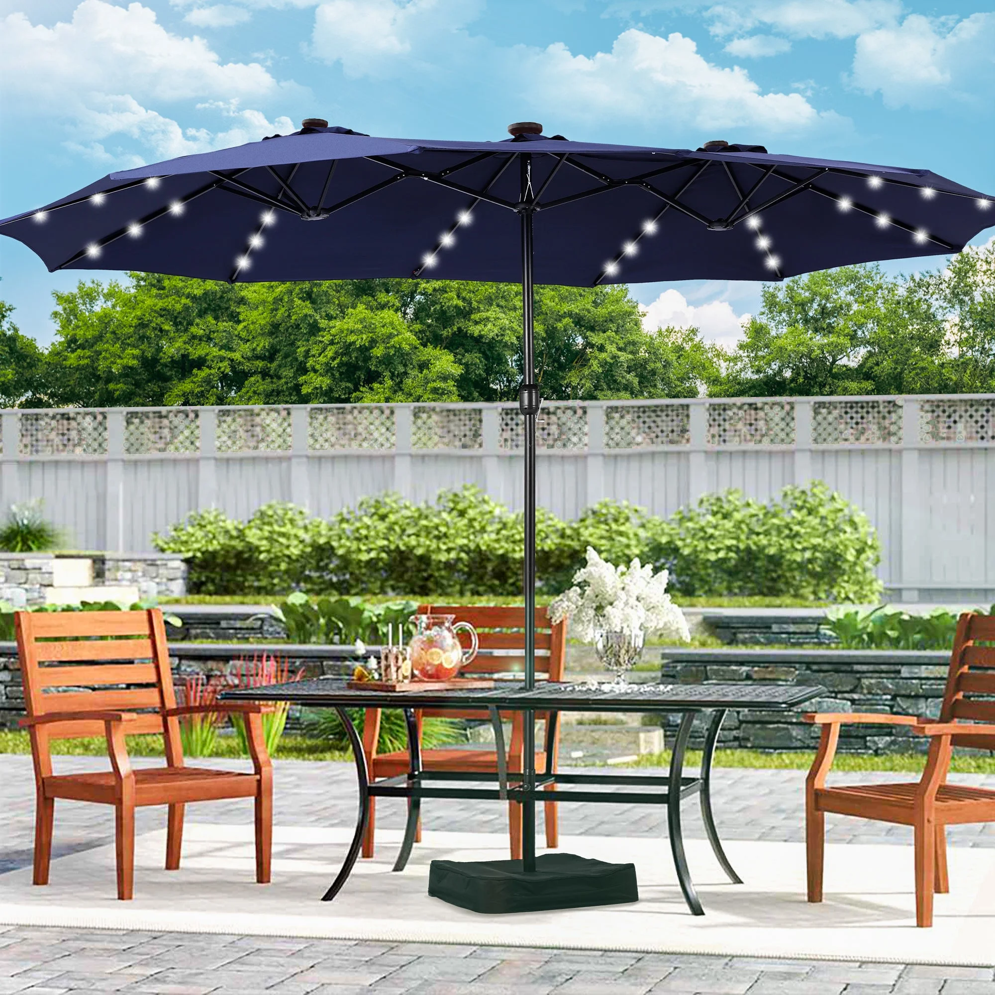 Alpha Joy 15ft Extra Large Outdoor Patio Double-Sided Umbrella with LED Solar Lights & Umbrella Base, Beige - Image 80