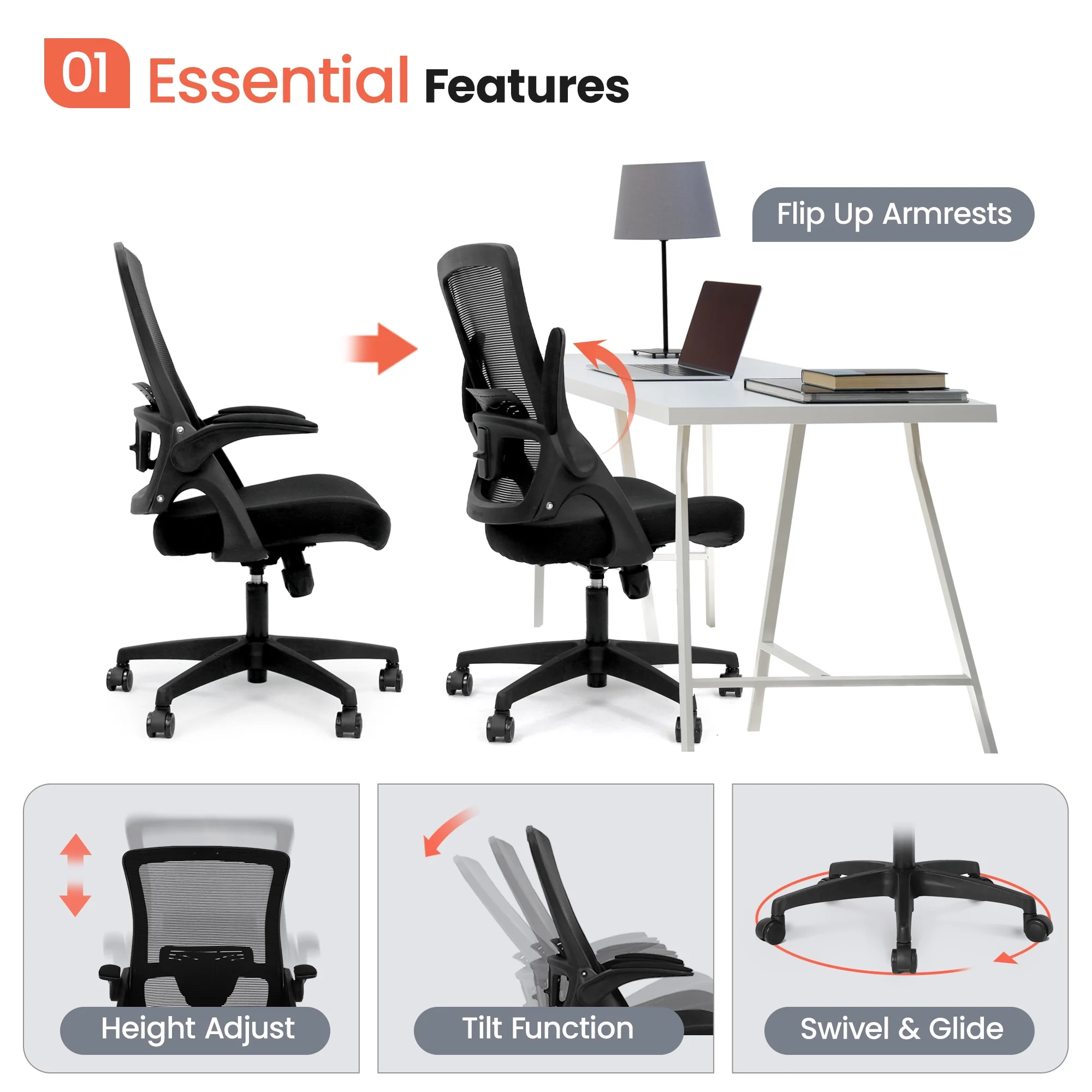 NEO CHAIR Ergonomic Office Chair, Adjustable High Back Mesh Desk Chair with Flip-up Arms, Black - Image 2