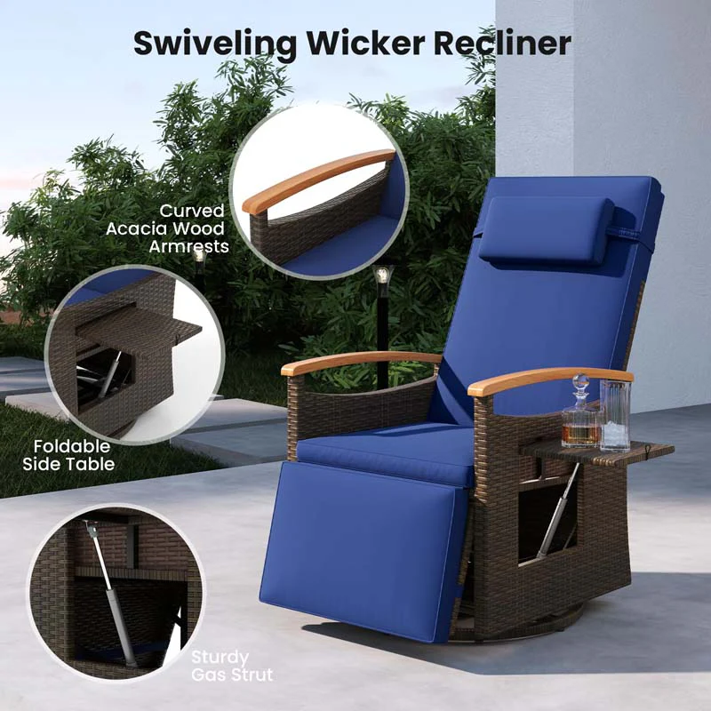 Eletriclife Patio Rattan 360° Swivel Recliner Chair with Adjustable Backrest and Footrest