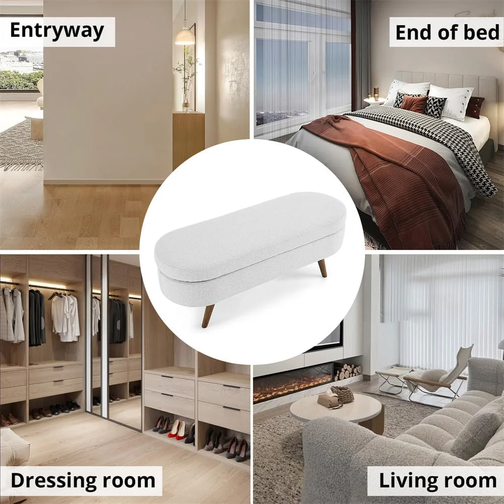 Sumdeal 43.5" Storage Ottoman Bench with 250lb Seating, Linen Upholstered Wood Legs Safety Hinge Flip Top Oval Foot Rest Long Stool for Sofa Couch Bedroom End of Bed Living Room Entryway, White - Image 8