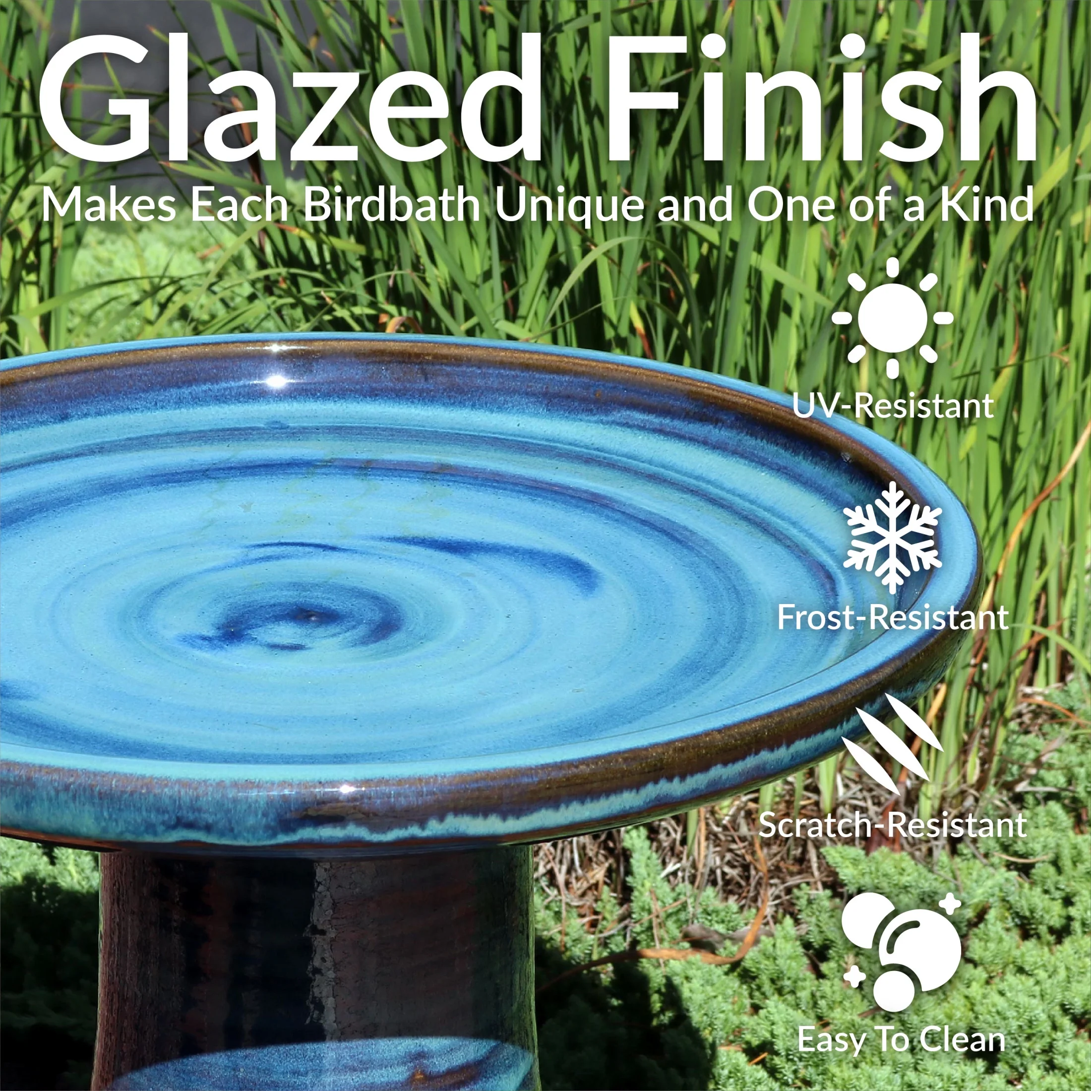 Sunnydaze Freestanding Ceramic Outdoor Bird Bath, Glazed, UV-Resistant Galaxy Blue Finish - Image 2