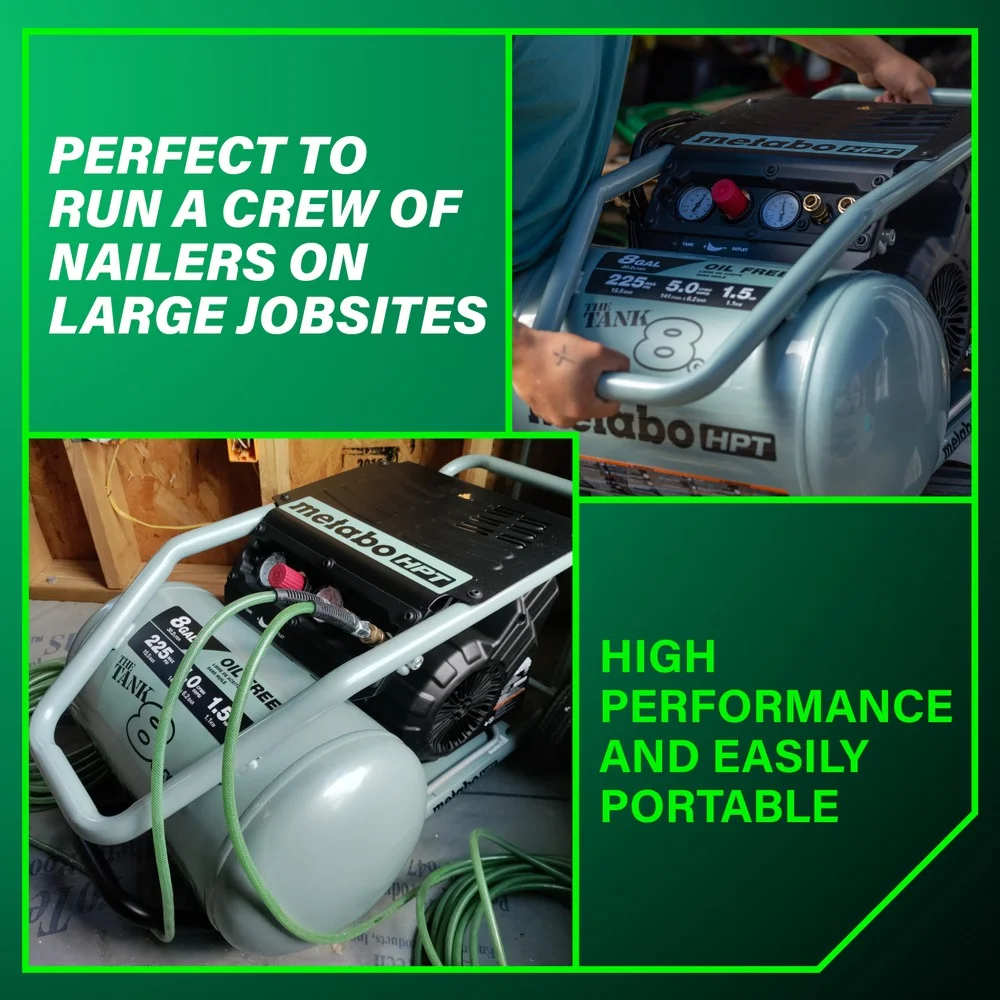 Metabo HPT Air Compressor, THE TANK, 8-Gallon Trolley Air Compressor, 225 PSI, Versatile for Use with Framing, Siding, Finish, or Roofing Nailers, Easy Mobility with Rubber Tires, EC1315S - Image 9