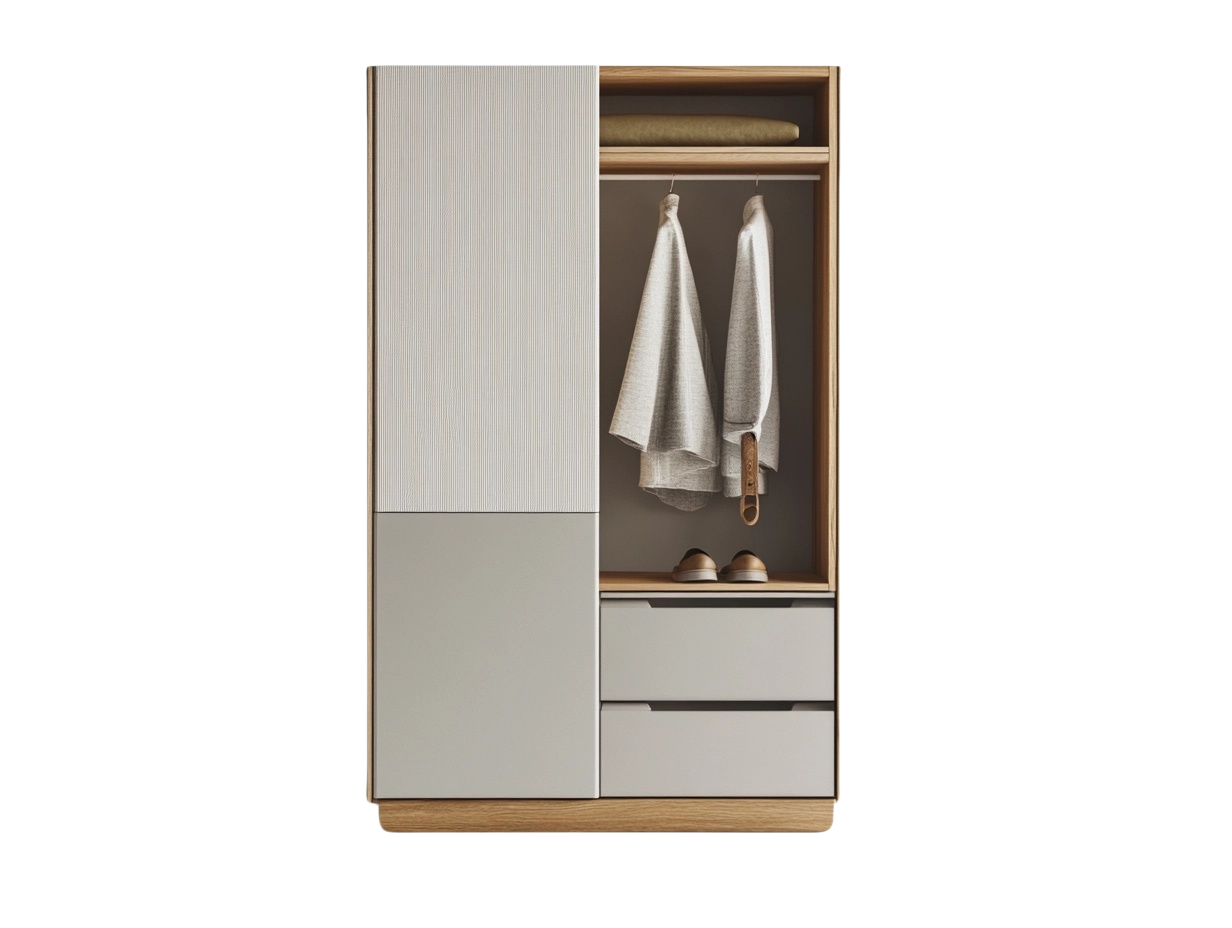 Armario moderno de dos puertas con estante y cajones 180x80x40cm para entrada color gris y madera clara dp0103096
