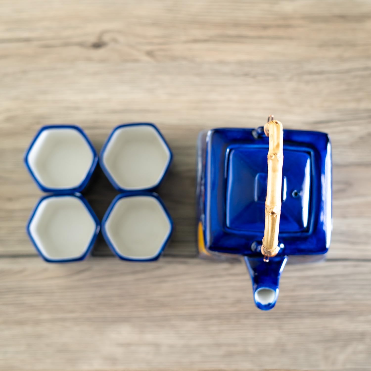 Urban Tokyo Japanese Style Cube Shape 20oz Porcelain Tea Set Teapot with Strainer, Wooden Handle and 4 Hexagon Tea Cups, Fujiyama Mount Fuji Design