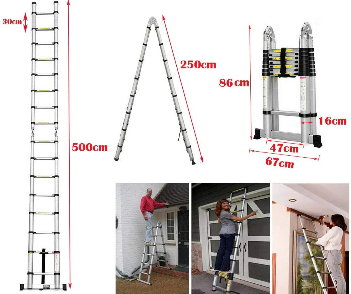 Bowoshen Telescopic Ladder 16.5 ft Aluminum 8 x 2 Steps 330 lb - Image 9 Bowoshen Telescopic Ladder 16.5 ft Aluminum 8 x 2 Steps 330 lb - Image 9