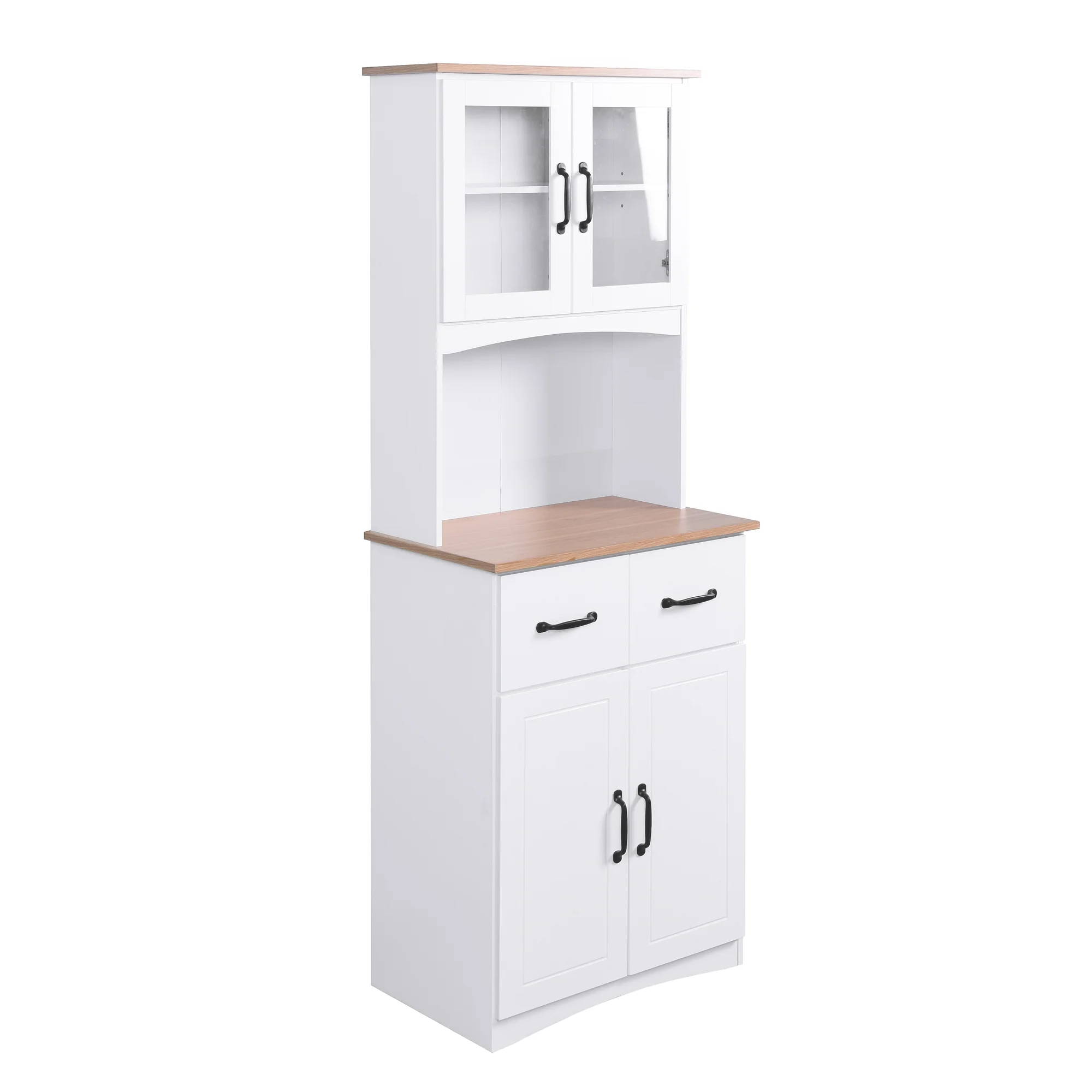 Clearance! Wooden Kitchen Cabinet White Pantry Room Storage Microwave Cabinet with Framed Glass Doors and Drawer - Image 3