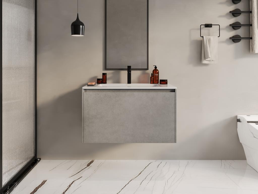 Mueble de baño flotante con lavabo empotrado - Gris hormigón - 80 cm - SOSTHENE