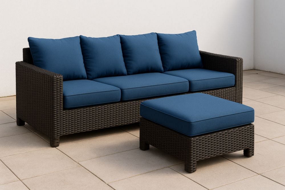 Juego de Sofá de Exterior de Ratán Sintético Marrón/Almohadas Azul, Sofá de 3 Plazas y Otomana, Cojines Desenfundables, 220cm