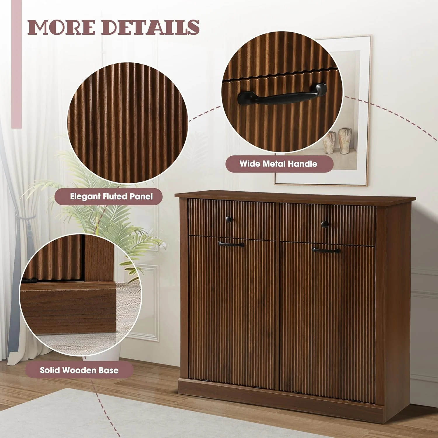 Haverchair Double Tilt Out Laundry Hamper Cabinet, Modern Fluted Trash Can Cabinets with Drawer, Wooden Hidden Garbage Cabinet for Kitchen and Bathroom - Image 9