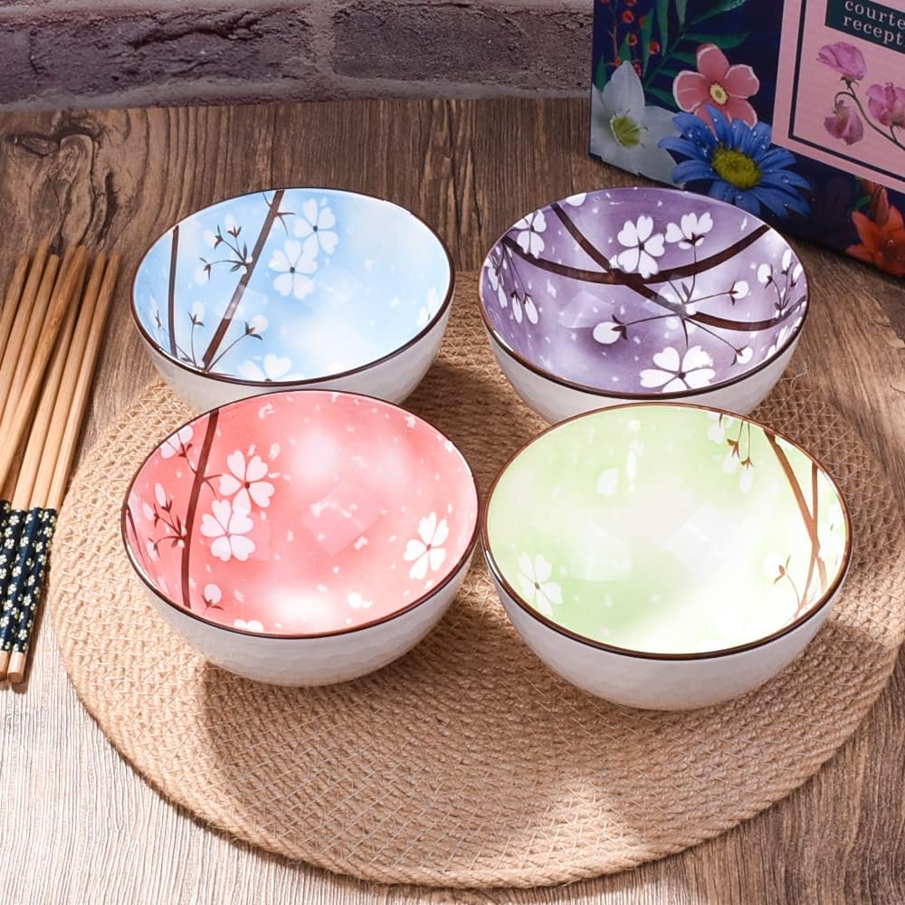 4-Piece Ceramic Rice Bowl Set with Chopsticks – 4.5