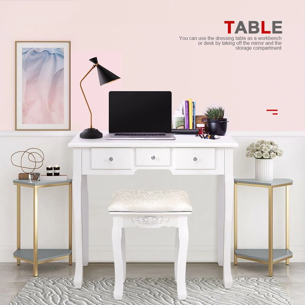Ktaxon Vanity Table 10 LED Lights, 5 Drawers Makeup Dressing Desk with Cushioned Stool Set,Bedroom Vanities Set White - Image 9