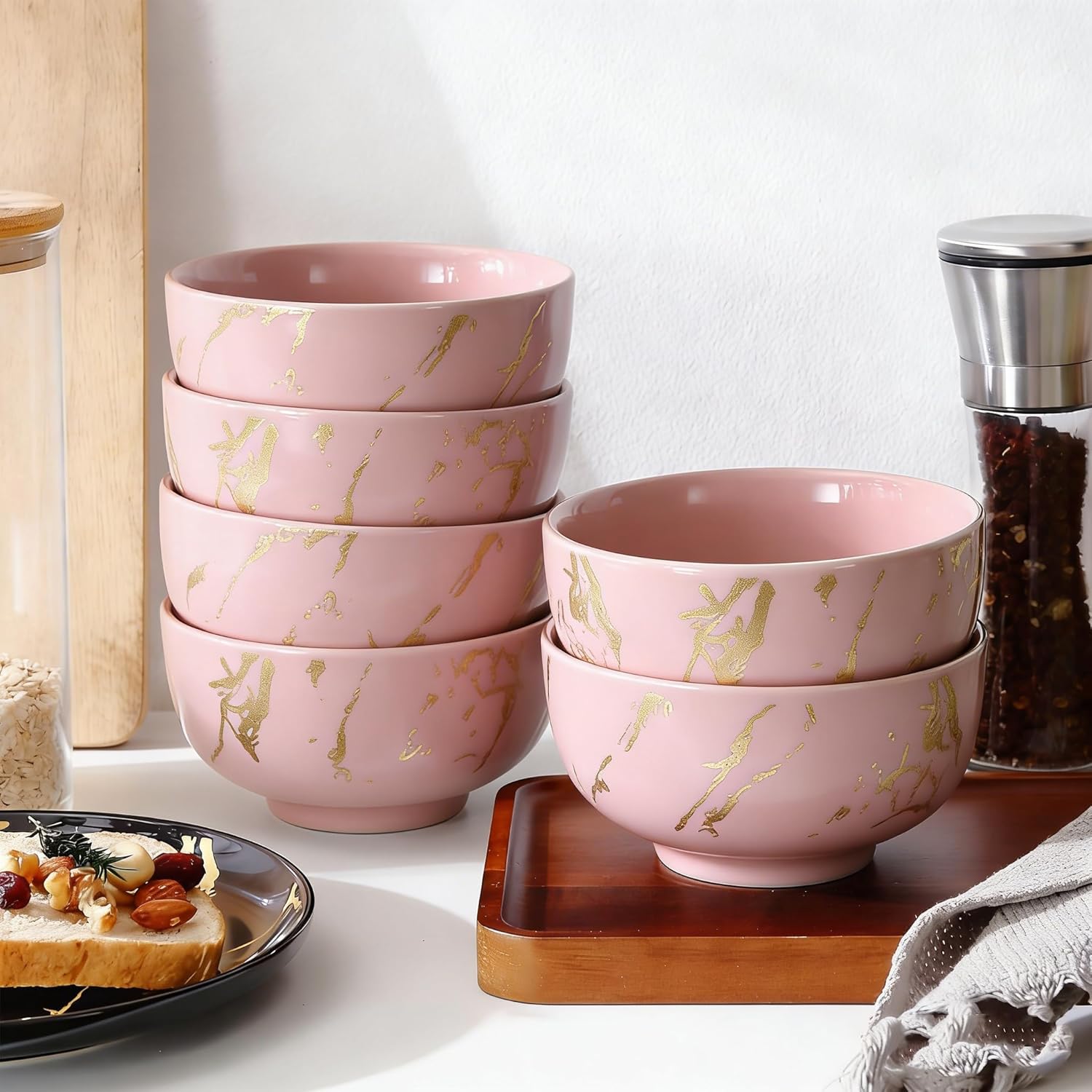 6-Piece Pink and Gold Marble Ceramic Bowls, 20 oz – Bohemian Soup & Cereal Bowl Set, Dishwasher & Microwave Safe, for Ramen, Pasta, Salad, Dessert