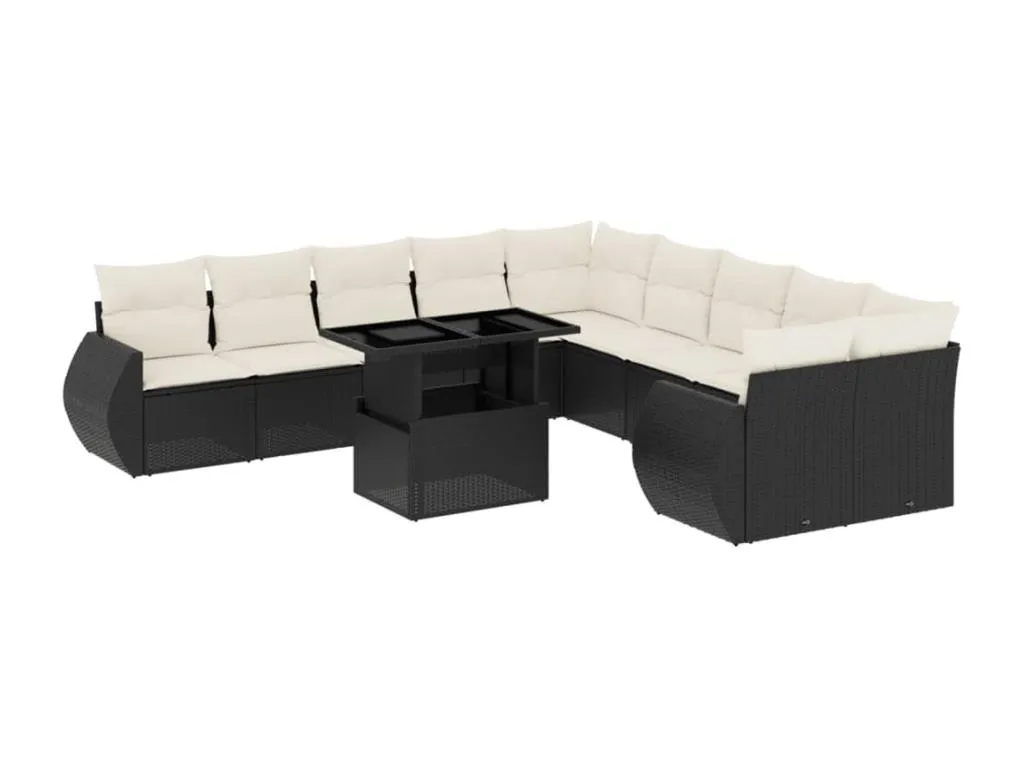 Set de sofás de jardín 11 piezas con cojines de ratán sintético en negro