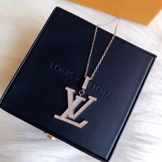 Louis Vuitton Full Diamond Silver LV Monogram Pendant Necklace - Original Replica Club