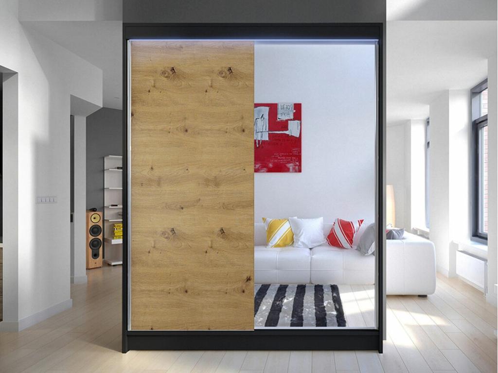 Armario Cozetiq 140 - Roble Artisan - Negro - 200x150x58cm - Puertas de armario Correderas