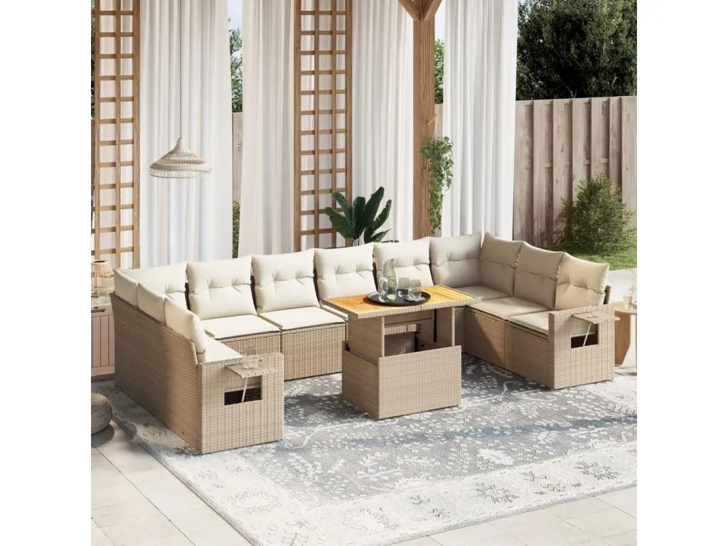 Set de sofás de jardín 11pzas con cojines ratán sintético beige BQAP32855