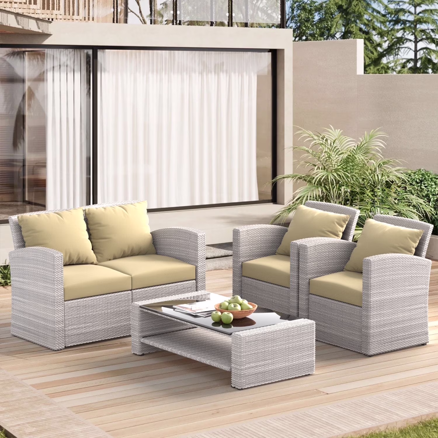 4 Pieces Patio Conversation Set, Outdoor Furniture Set with Cushion, Outside Sectional Rattan Wicker Sofa Furniture Set for Garden, Porch, Backyard, Gray - Image 7