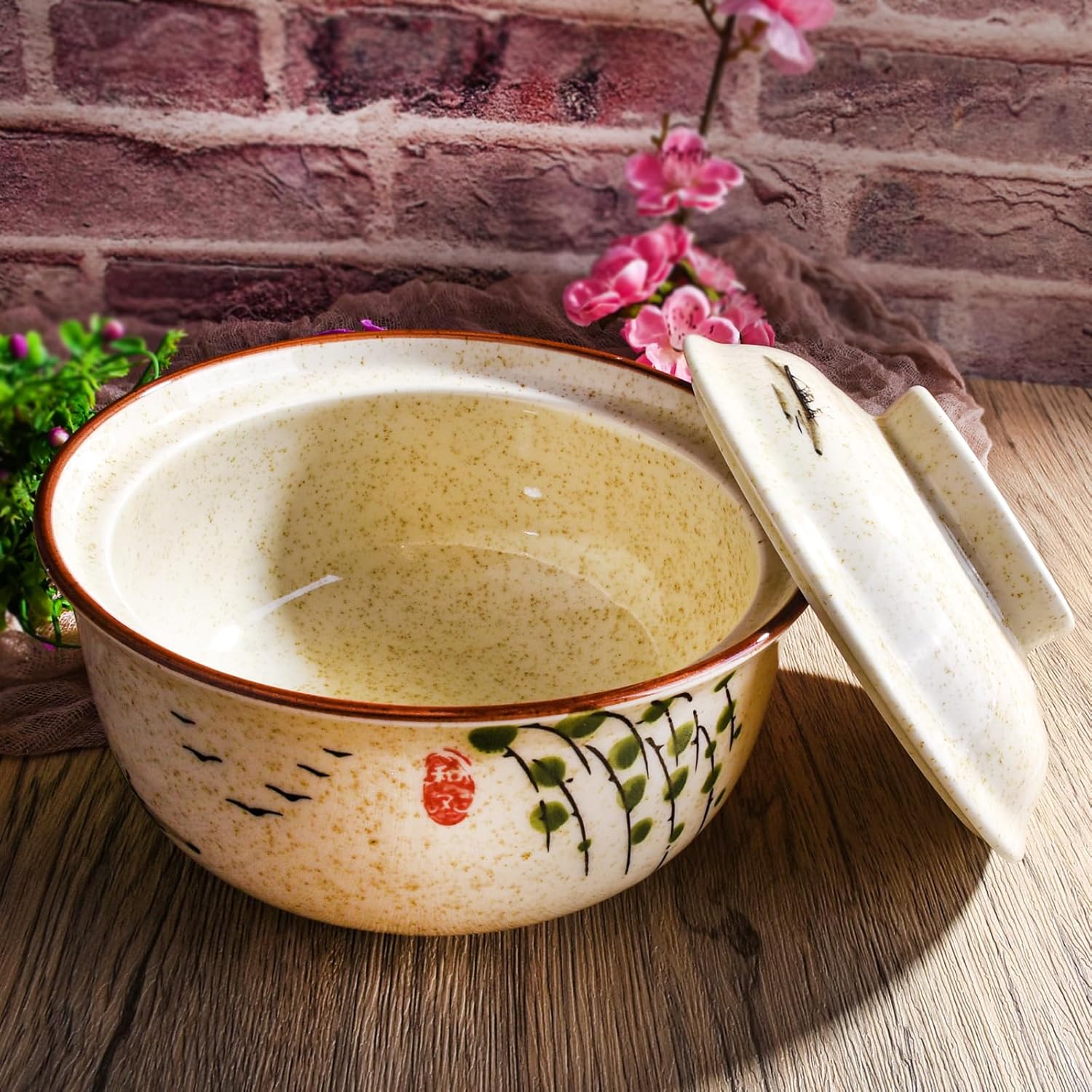 Japanese Style Ceramic Lidded Bowl, 25.4 oz Hand-Painted Ceramic Rice Bowl with Lid, Microwave & Dishwasher Safe Soup Bowl for Rice, Stew, Dessert, Kitchen Dining Tableware