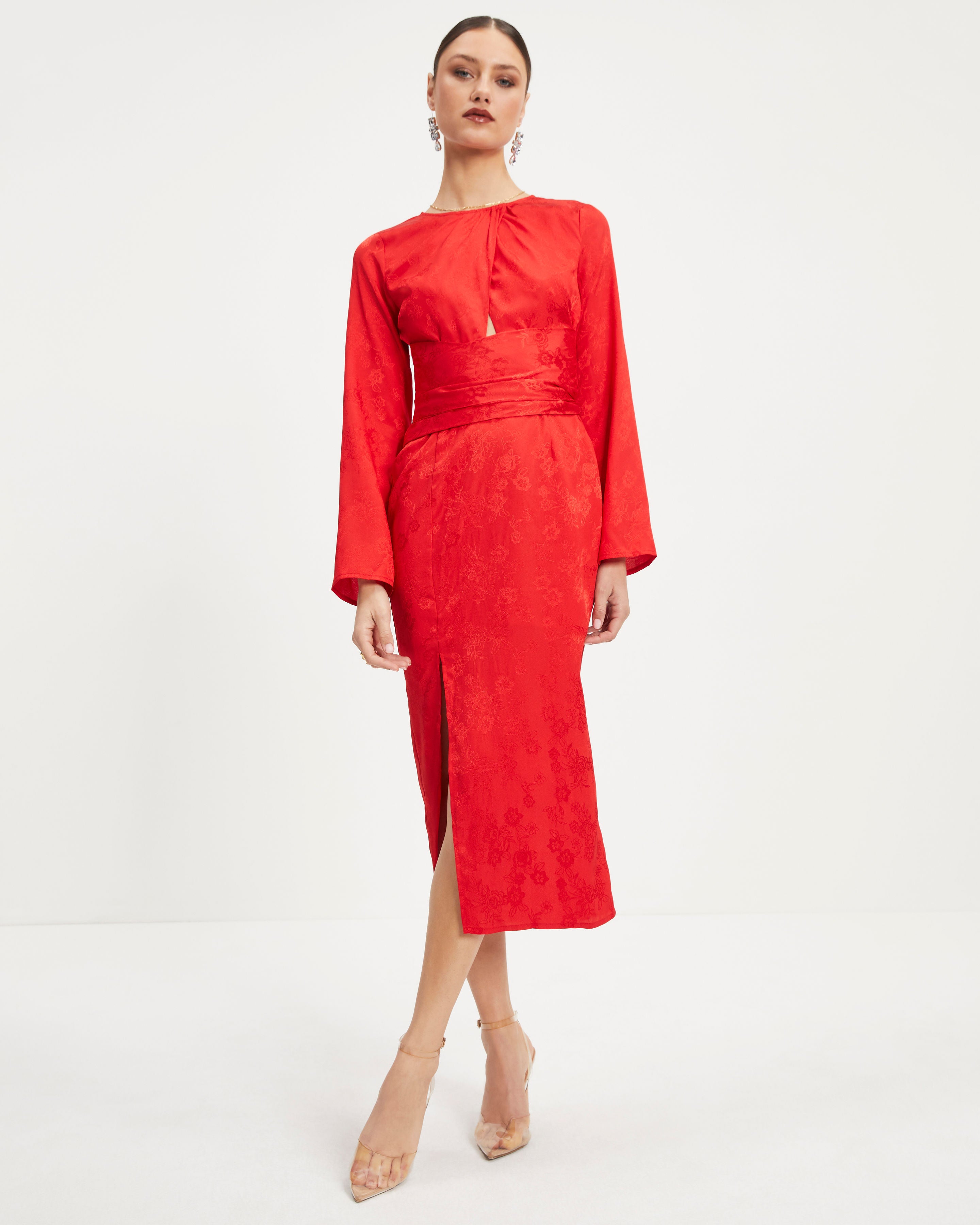 Divine Rights Satin Floral Cutout Midi Dress - Red - Se7enfashion