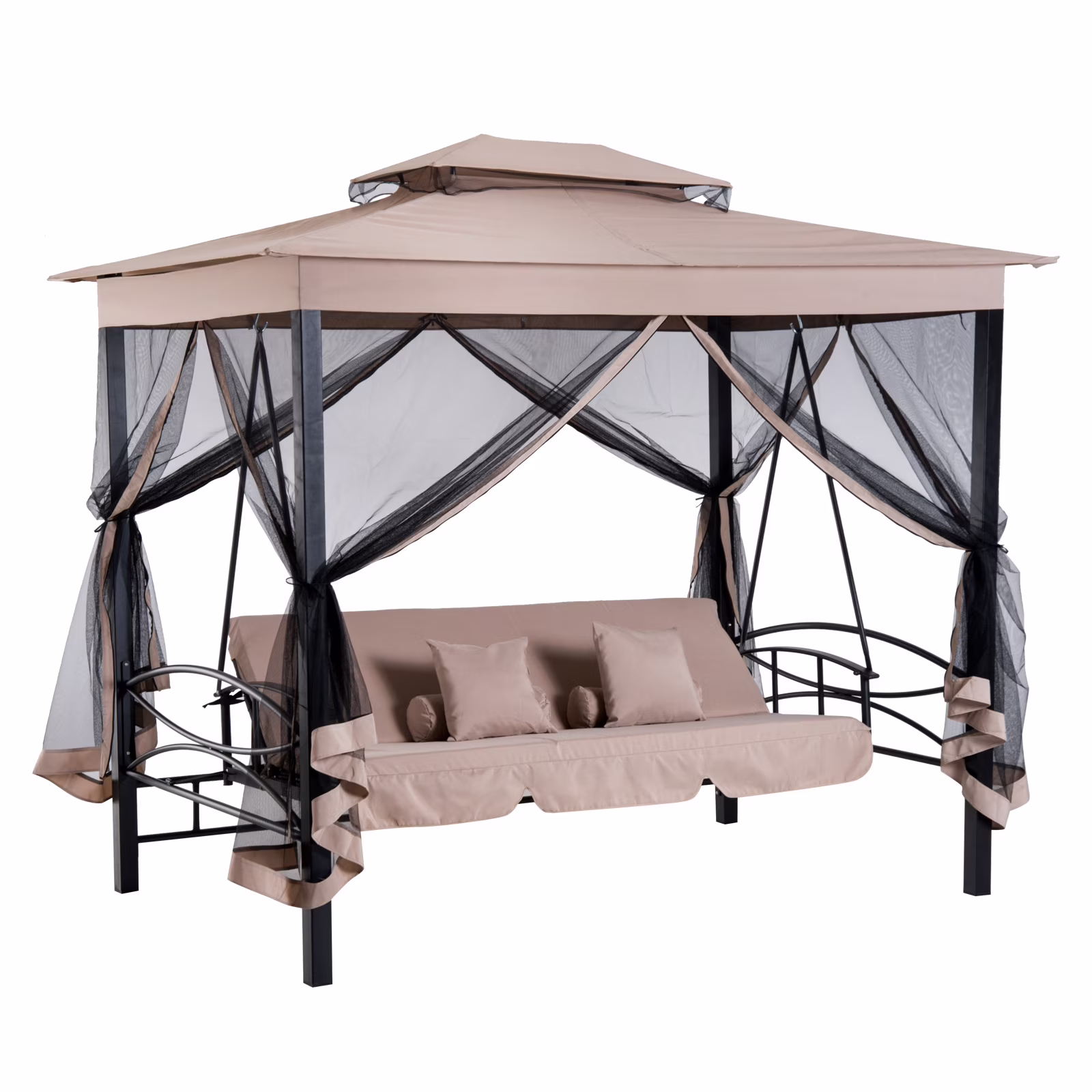 Outsunny 3 Person Patio Swing Chair, Gazebo Swing with Double Tier Canopy, Cushioned Seat, Mesh Sidewalls, gray - Image 3