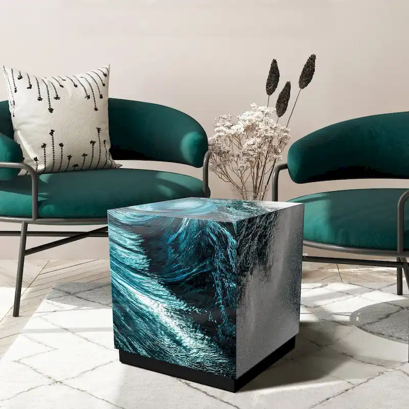 Sapphire Sea Beveled Art Glass Cocktail Table with Black Plinth Base - Reverse Printed Design