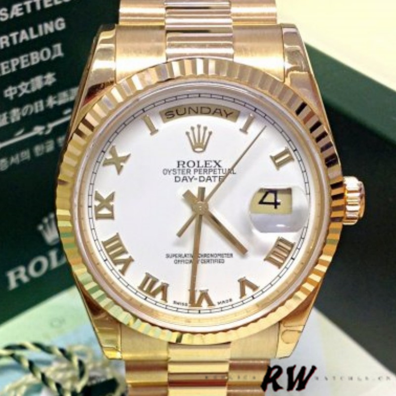 Rolex Day-Date 118238 Yellow Gold White dial Fluted Bezel 36mm Unisex Replica Watch