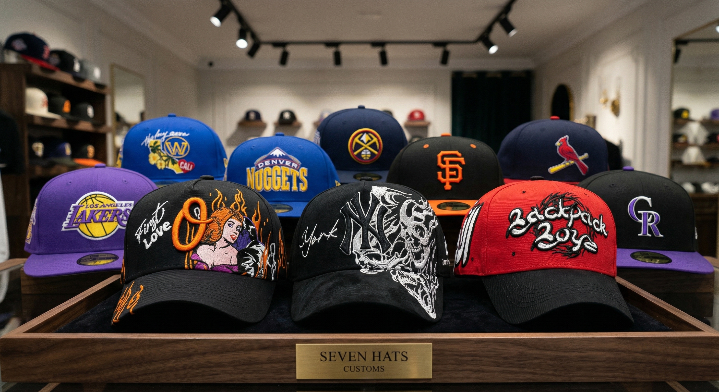 A premium Seven Hats display answering what hat style is most popular now. The collection features high-quality good hats, including classic NBA/MLB mens fitted hats, iconic 59fifty hats, and unique custom designs for the hat united states market.