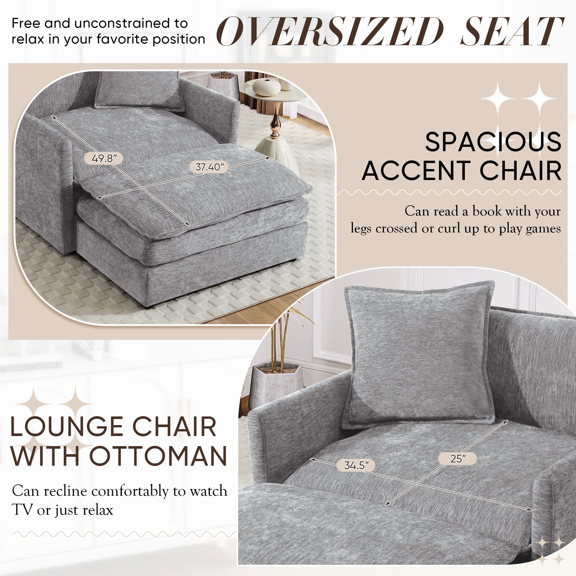 Muumblus Oversized Lounge Chair with Ottoman, Cloud Accent Armchair for Living Room, Beige Chenille - Image 46