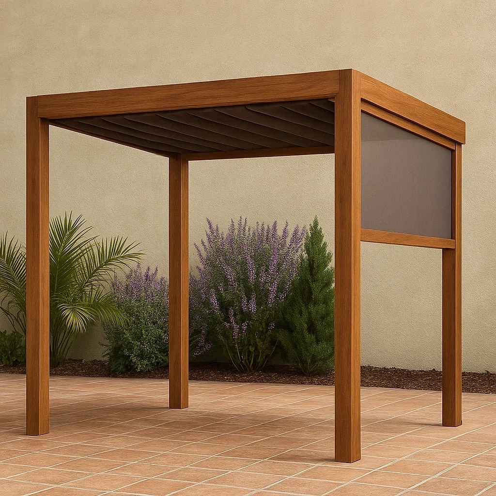 Pérgola de madera natural con paneles laterales de tela instalación fija 300x250x250 cm para jardín o terraza - wp3fdniRkxD1